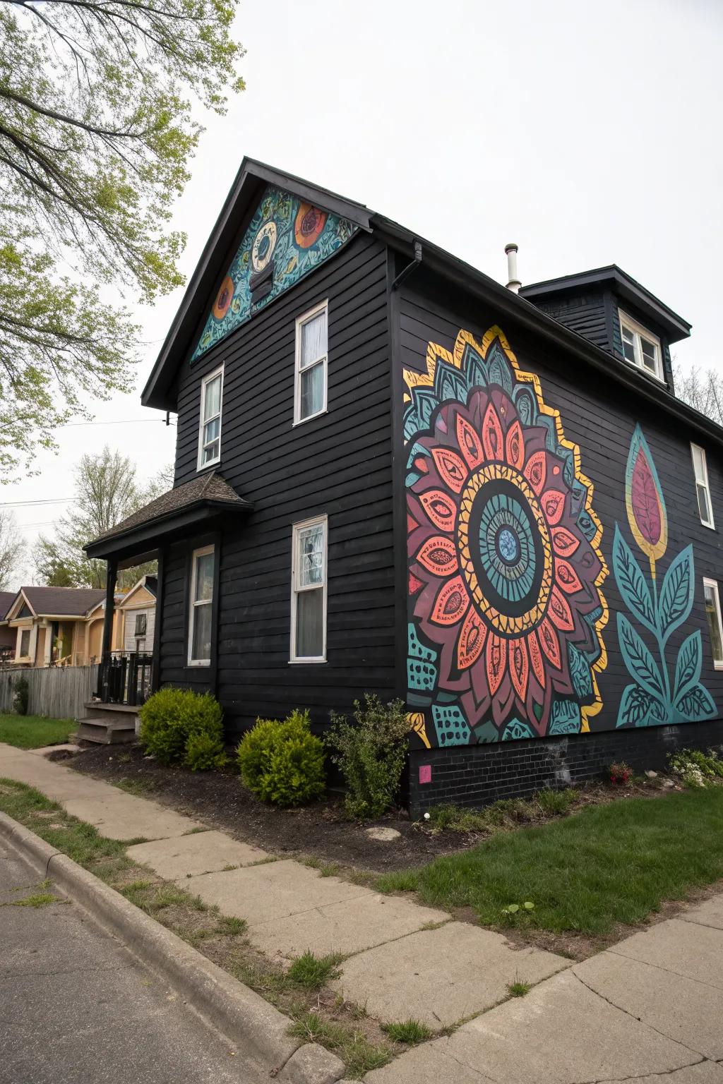 Artistic flair adds a personal touch to a black house exterior.