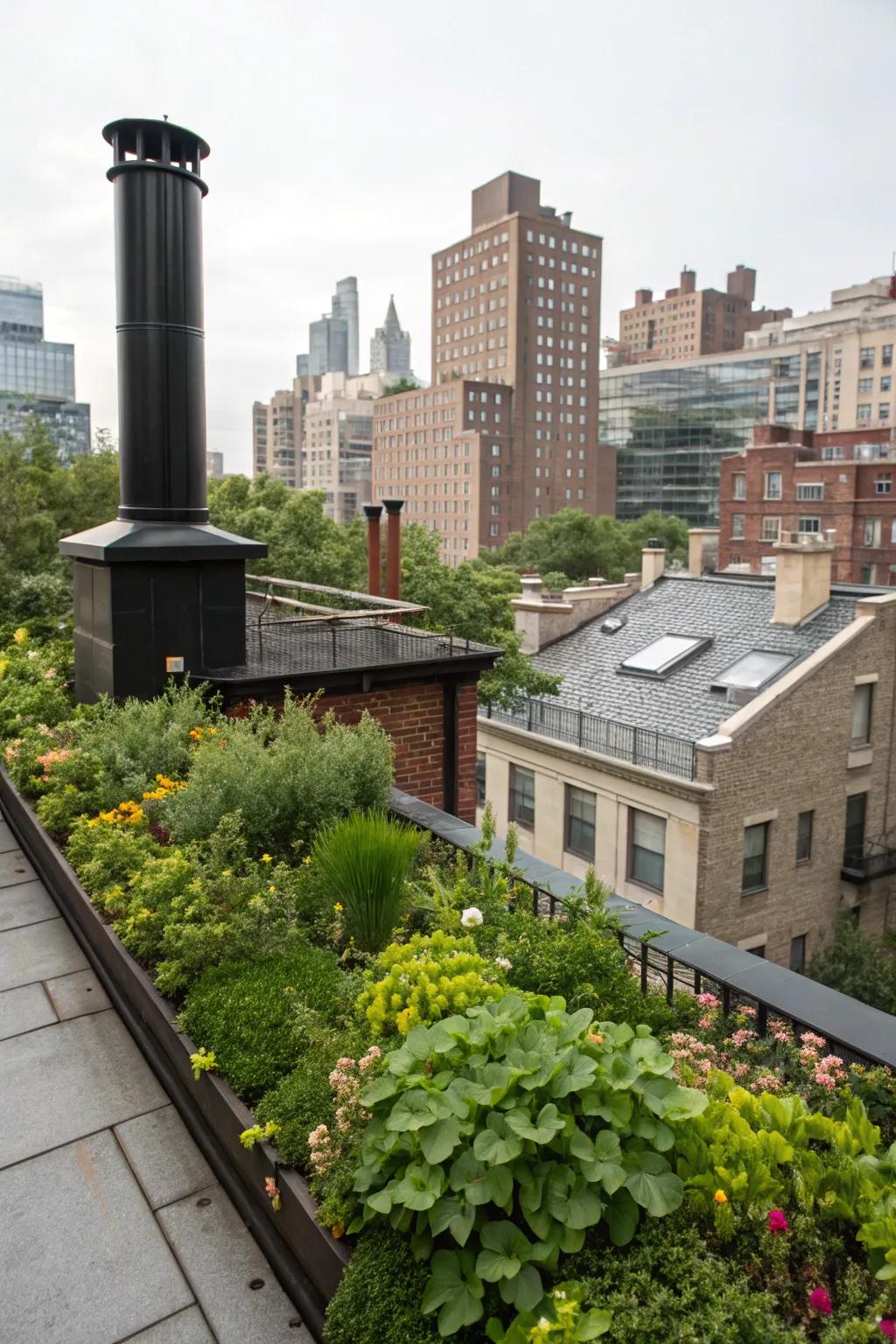 A black chimney complements the urban oasis vibe of this home.