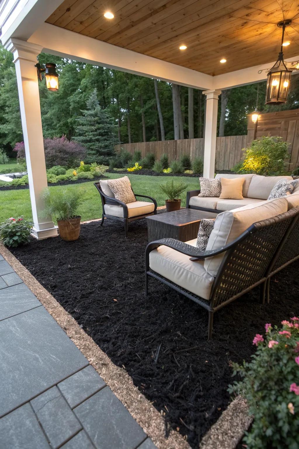 An inviting outdoor living space enhanced with black rubber mulch.