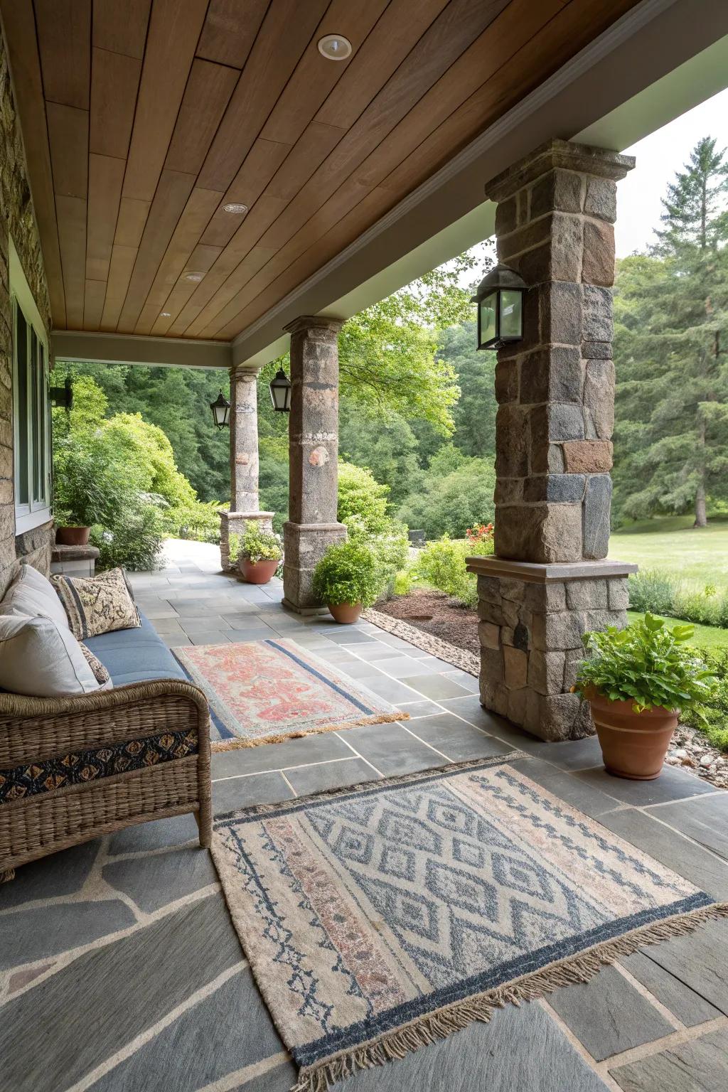 A bluestone porch enhanced by outdoor rugs.