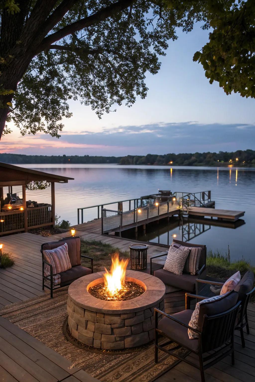 A fire pit provides warmth and ambiance to this dockside bar.