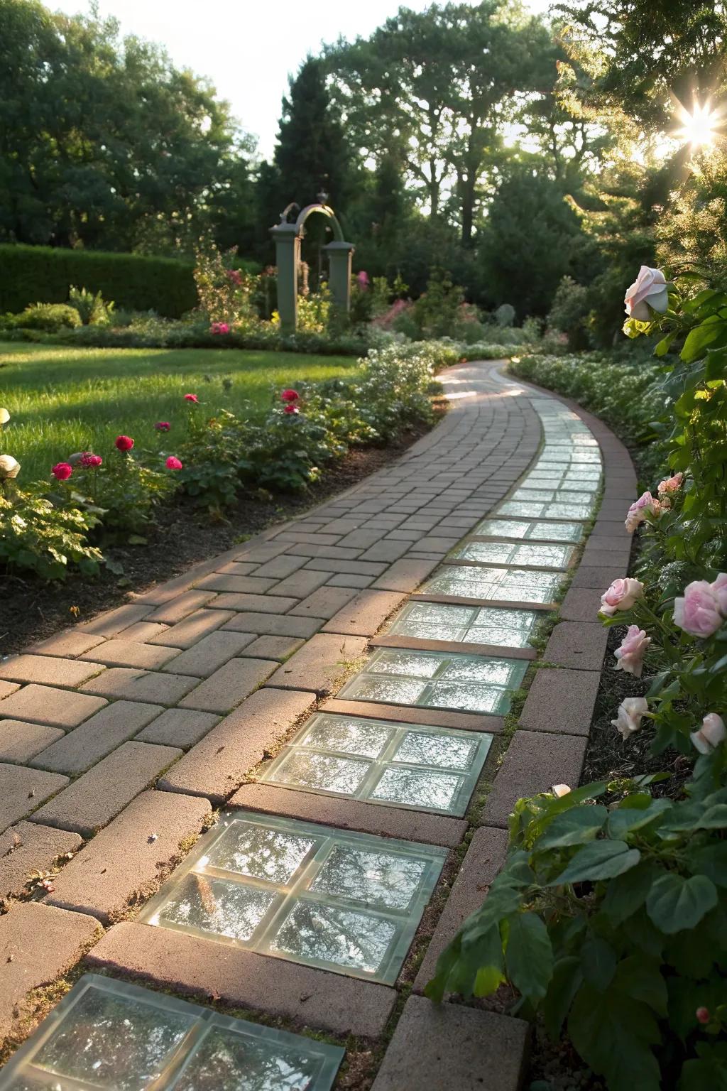 A garden path showcasing a glass inlay brick paver pattern.