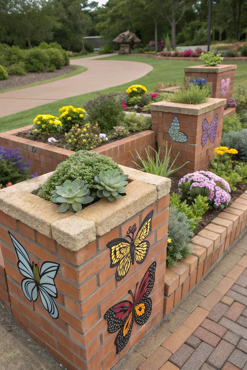A brick planter wall with themed planting areas for a diverse garden experience.