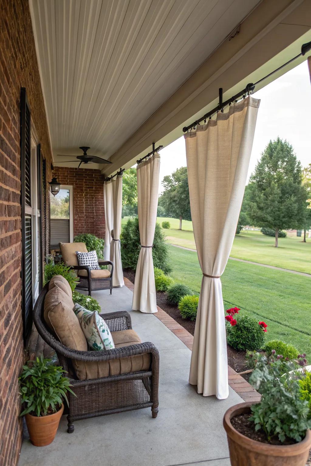 Outdoor curtains create a cozy and private porch space.