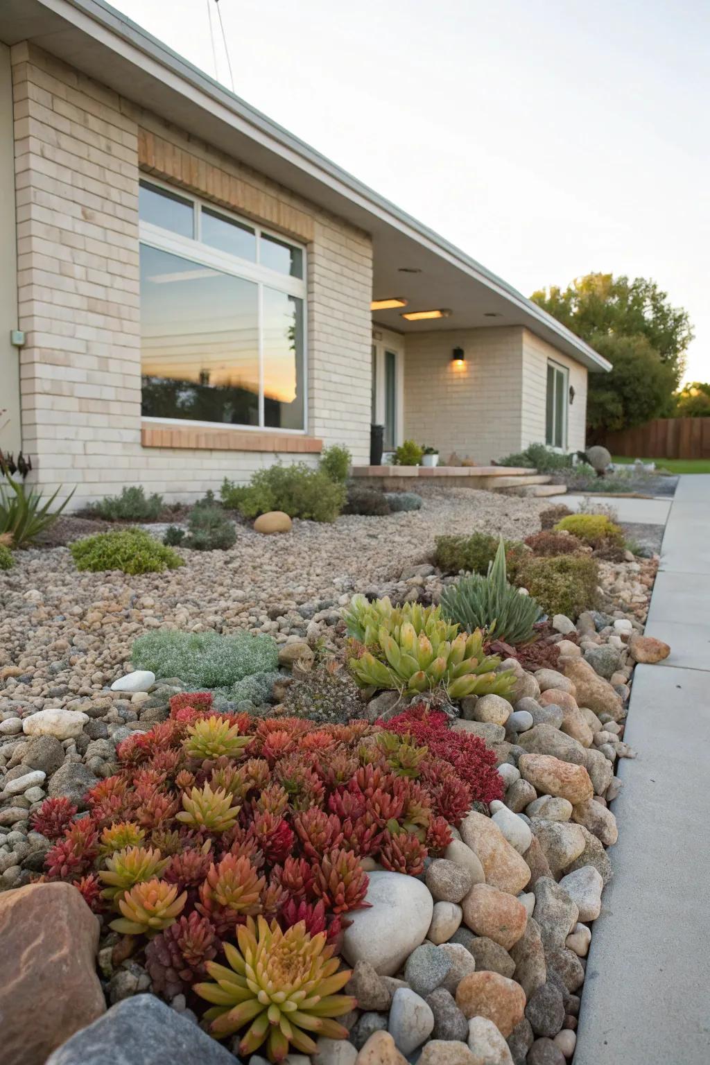 A rock garden offers a low-water, striking landscape feature.