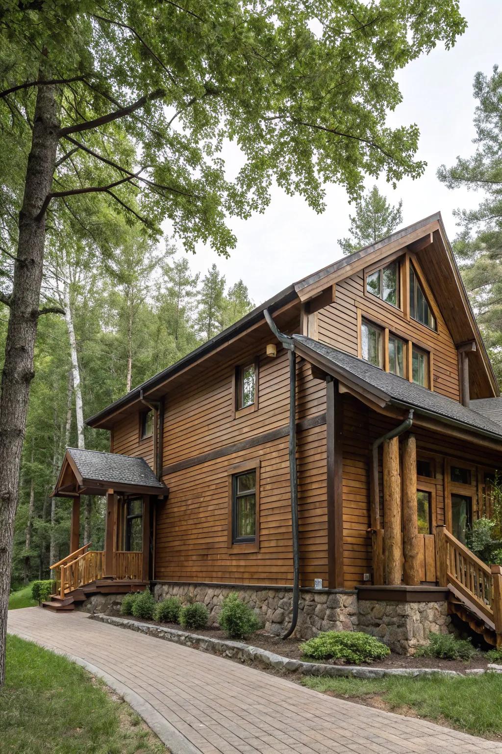 Natural timber accents enhance the organic appeal of a brown exterior.