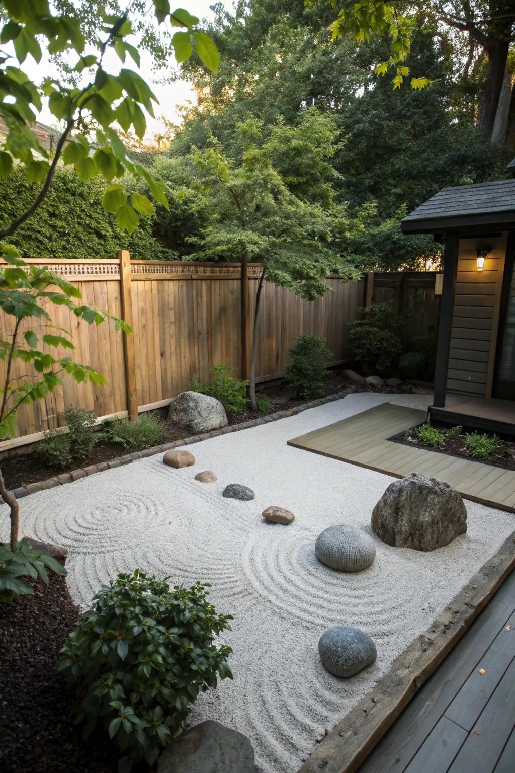 A small zen garden offers a tranquil retreat.