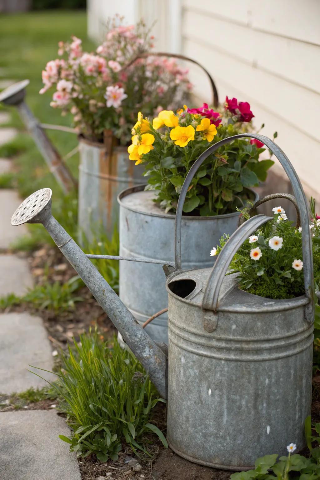 Repurposed watering cans add a whimsical, nostalgic touch