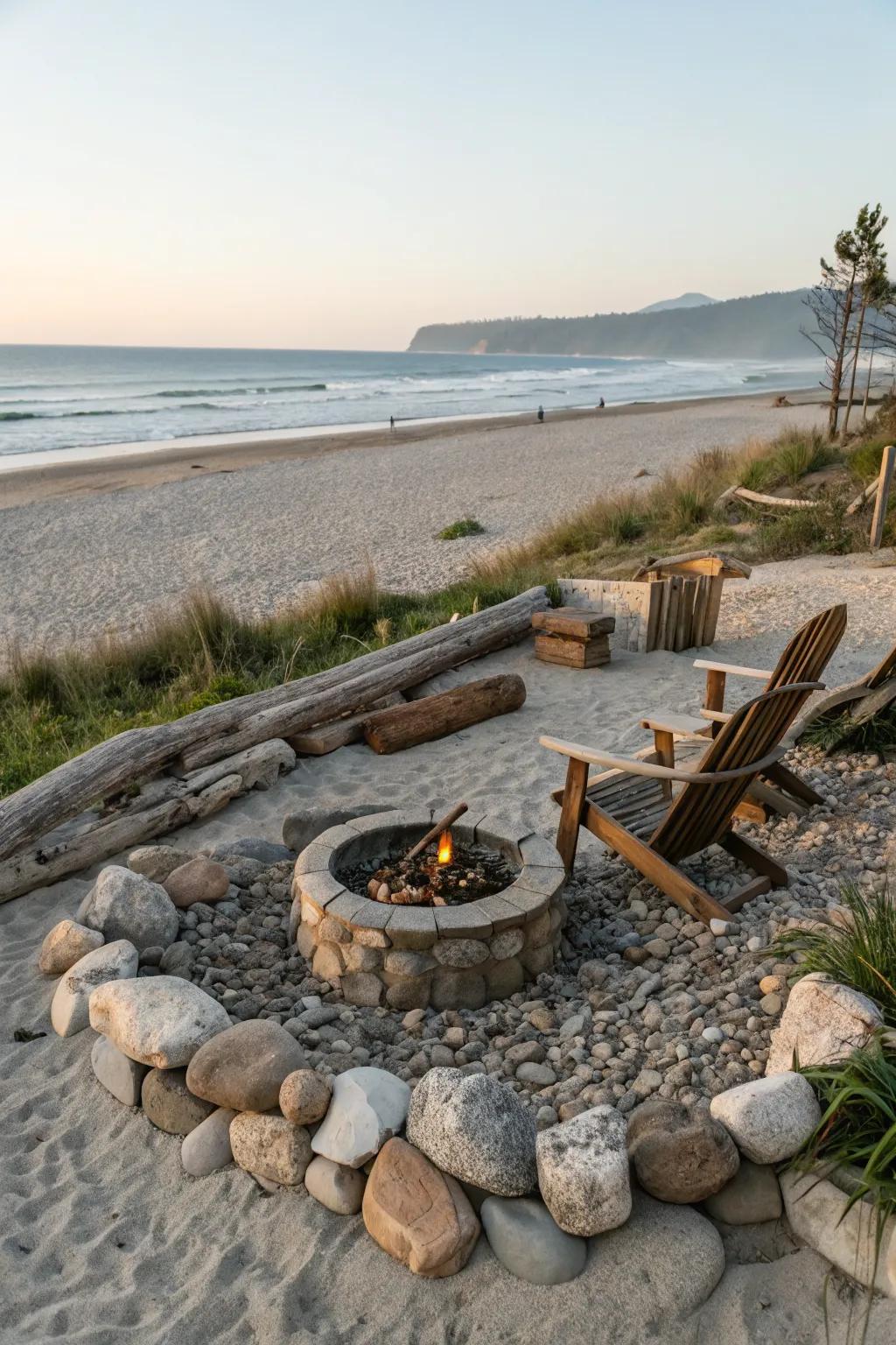 Beach-inspired pebble and sand fire pit