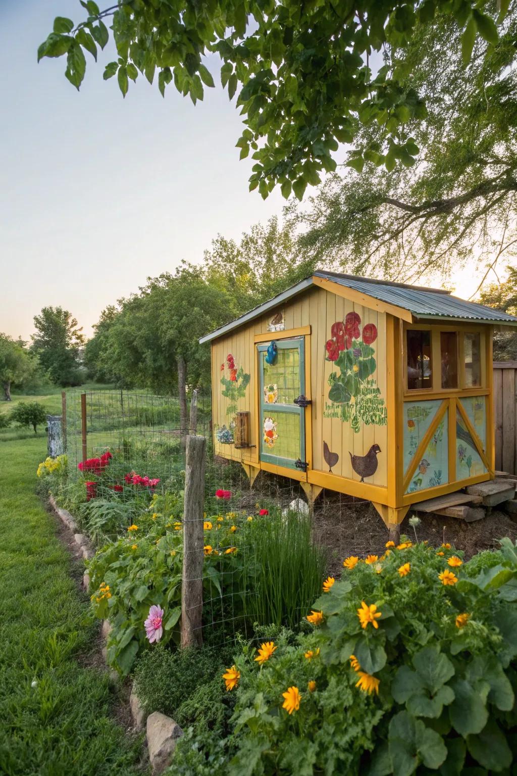 An eco-conscious chicken coop painted with sustainable and natural paints.