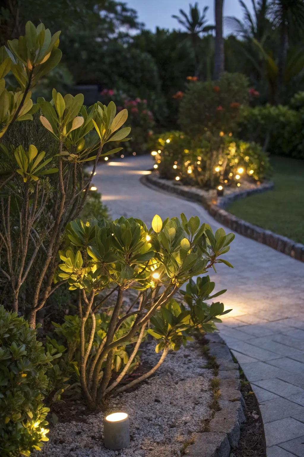 Night lighting highlights the beauty of Clusia plants after dark.