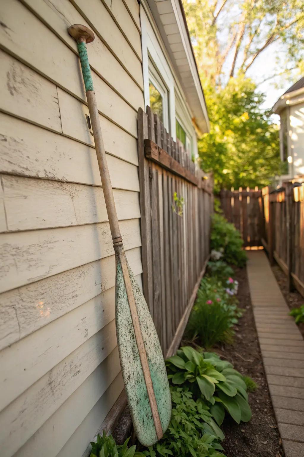 A vintage oar offers a simple, nautical accent to your outdoor decor.