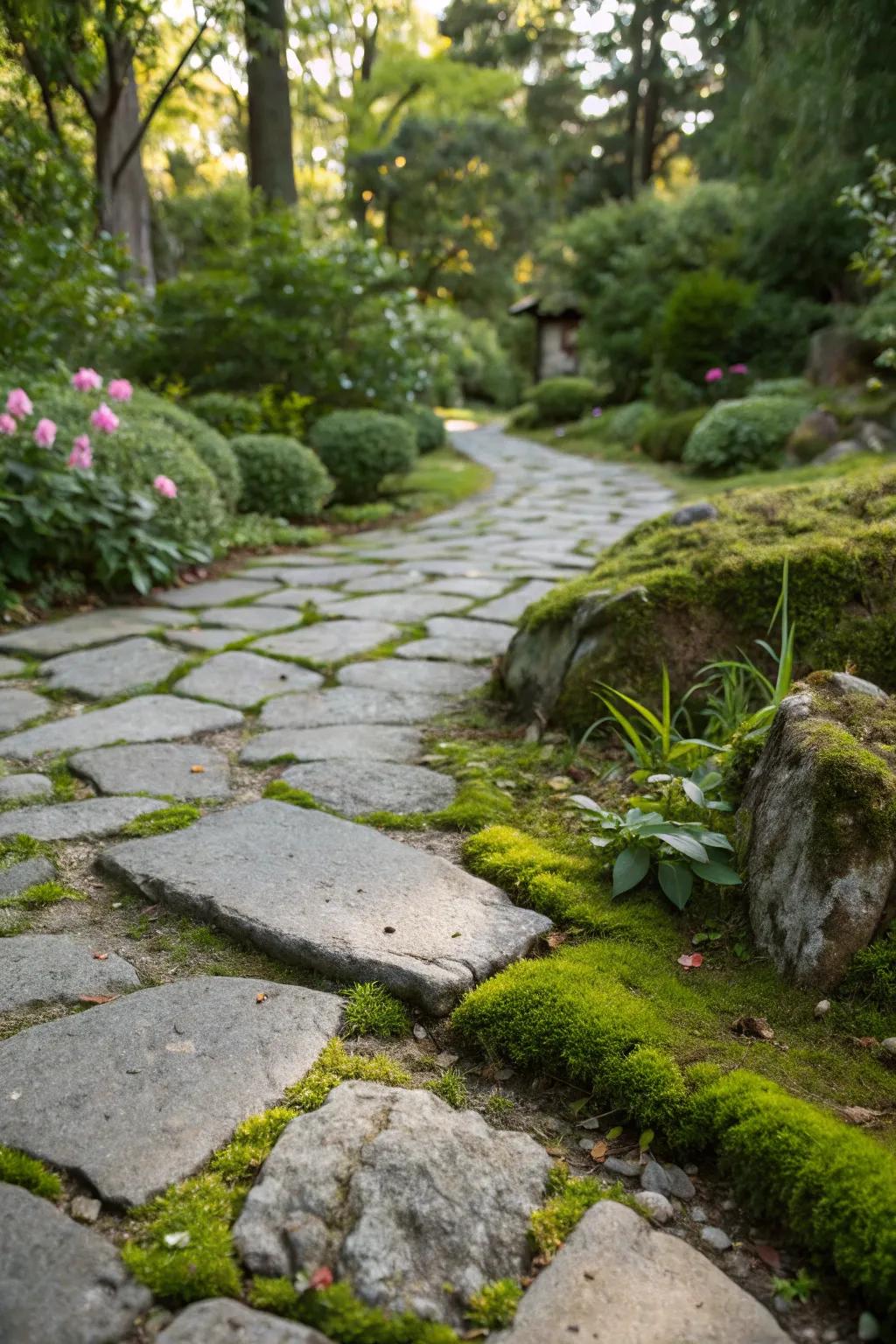 Moss-covered cobblestones creating a magical garden atmosphere.