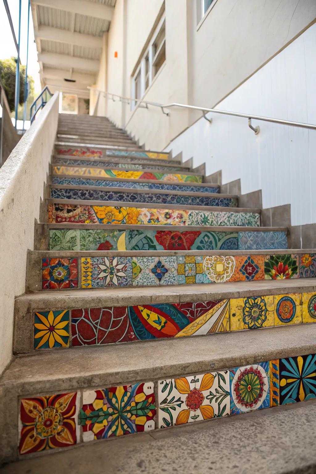 Mosaic art on stair risers adds a personal and artistic touch.