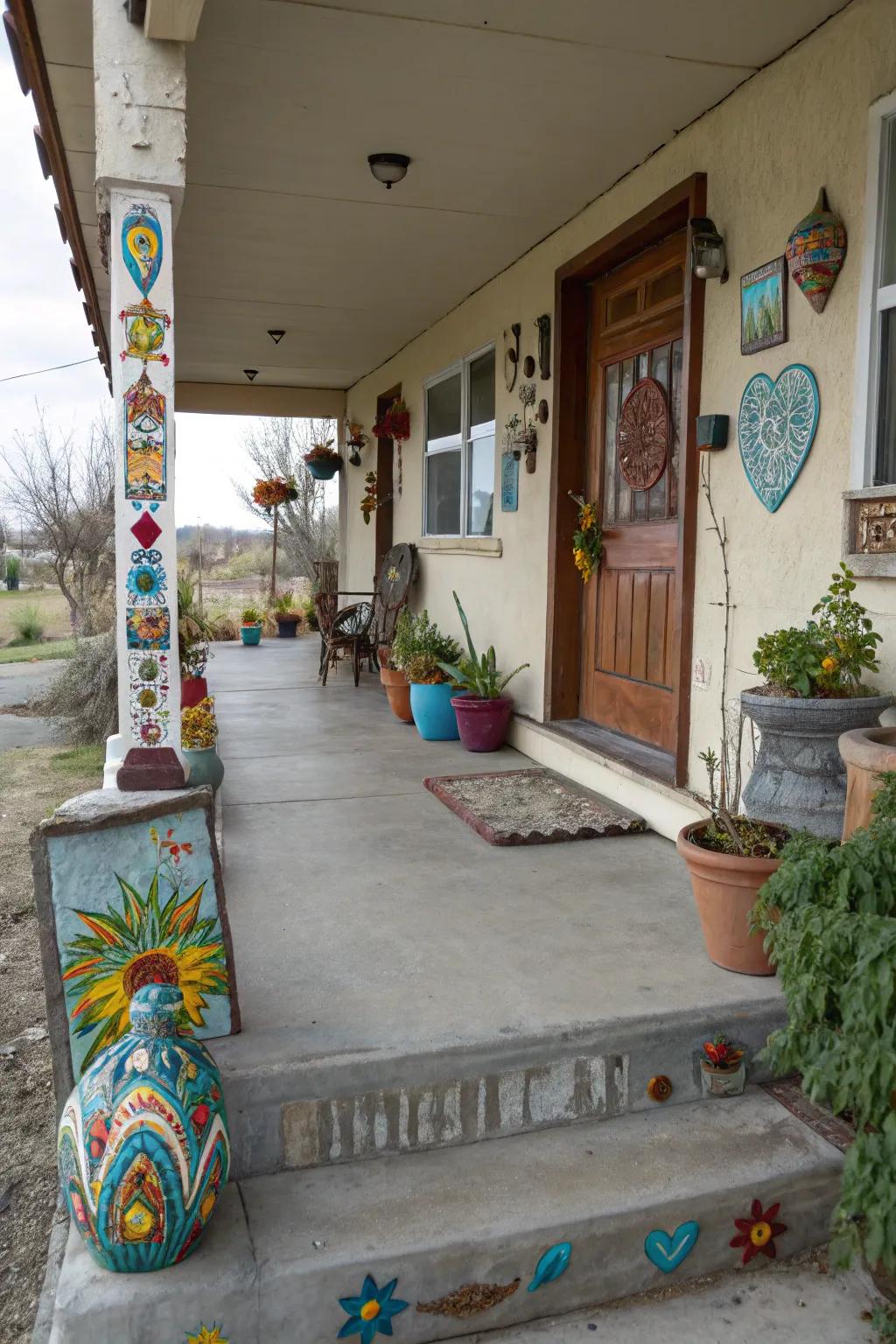 Concrete porch as a canvas for artistic expression.