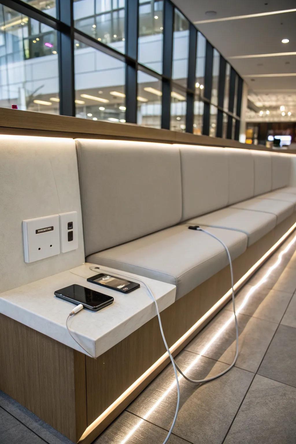 A corner bench equipped with a convenient charging station for modern living.