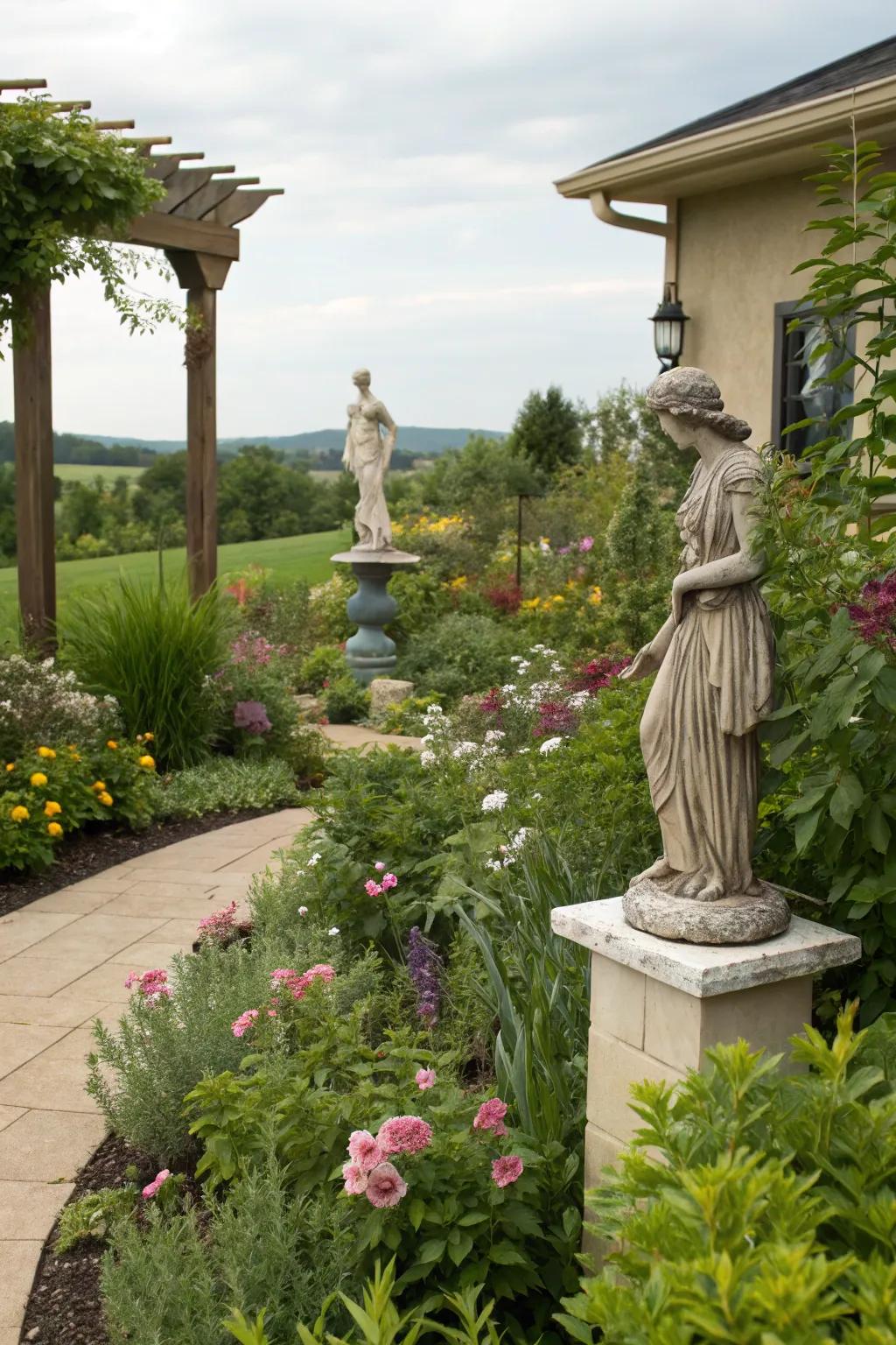 Sculptures transform corner gardens into artistic displays.