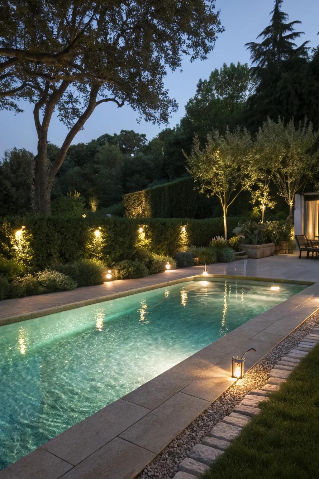 Eco-friendly solar lighting illuminating the pool area.