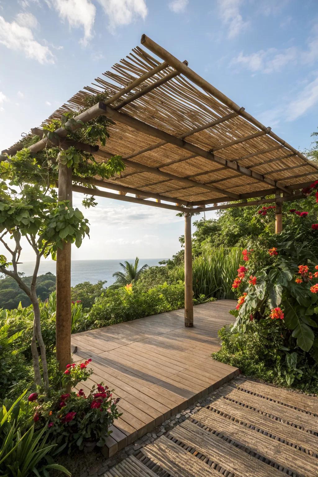 Escape to paradise with a bamboo-covered pergola.