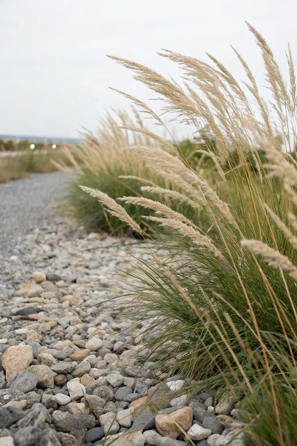 Add dynamic beauty with ornamental grasses and crushed stone.