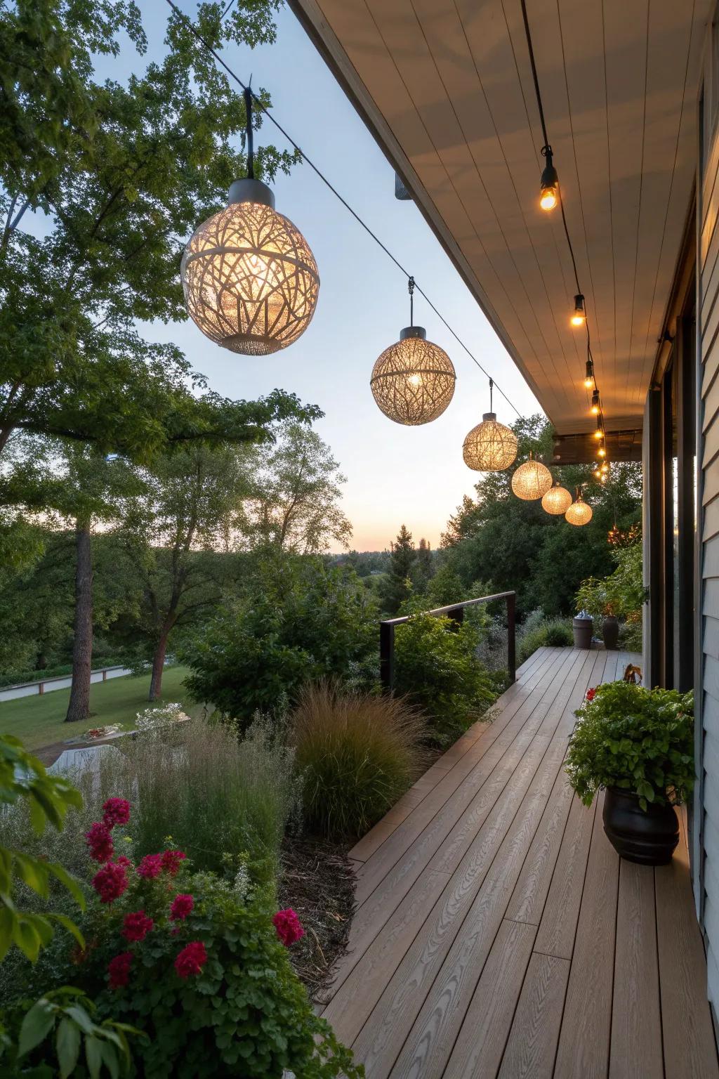 Artful pendant lighting adds elegance and ambiance to this deck.