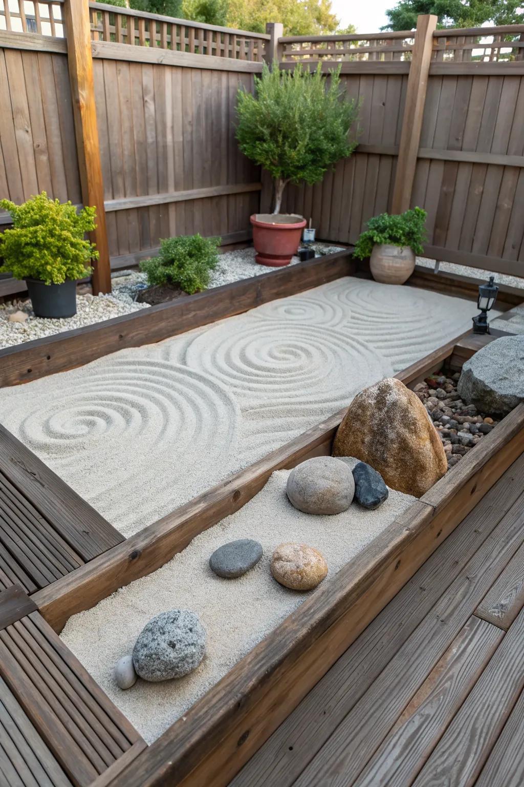 A Zen garden corner offers a peaceful retreat.
