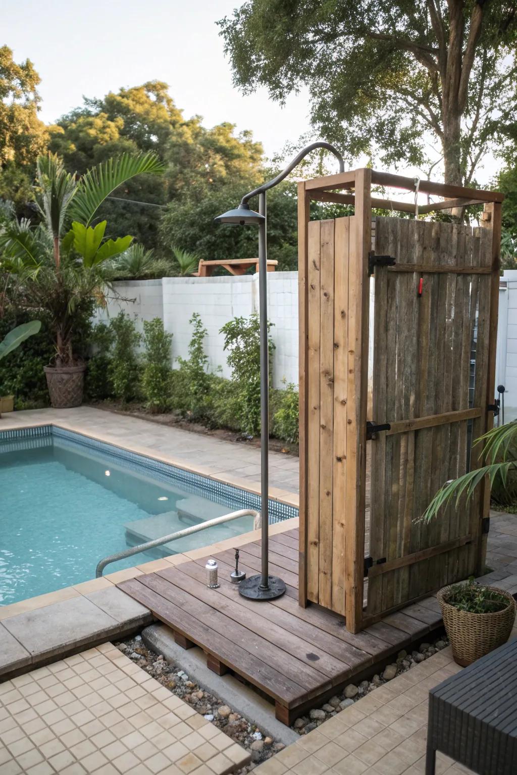 A DIY outdoor shower adds a touch of luxury to the poolside.