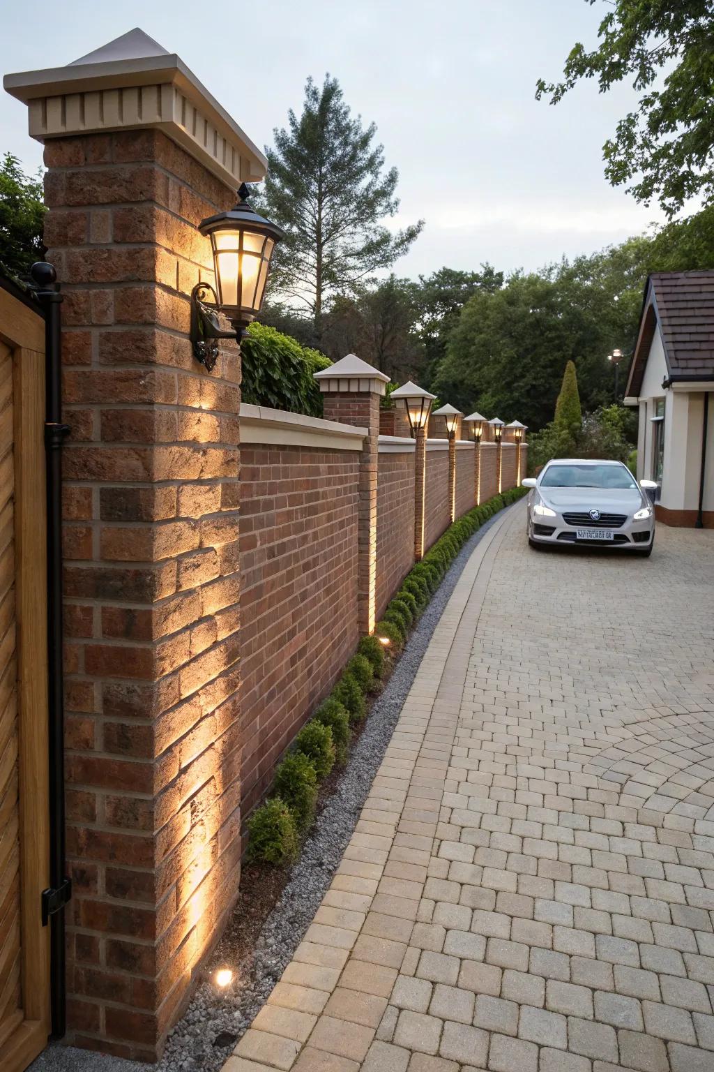 A blend of modern and vintage elements creates a striking driveway wall.