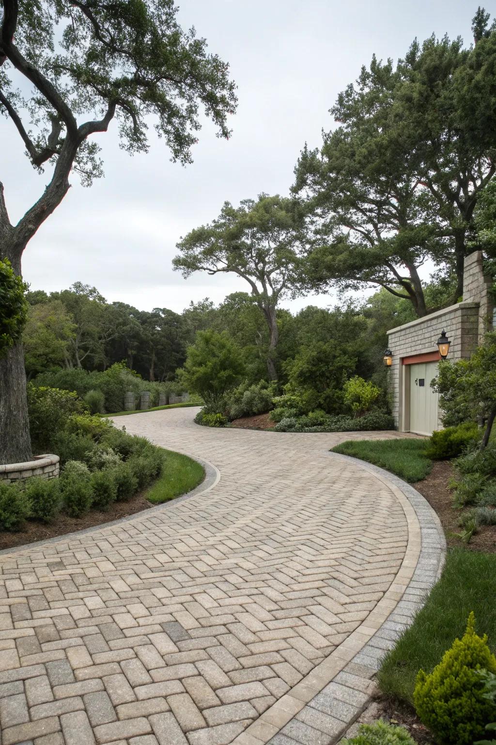A driveway with a natural and elegant flagstone pattern.