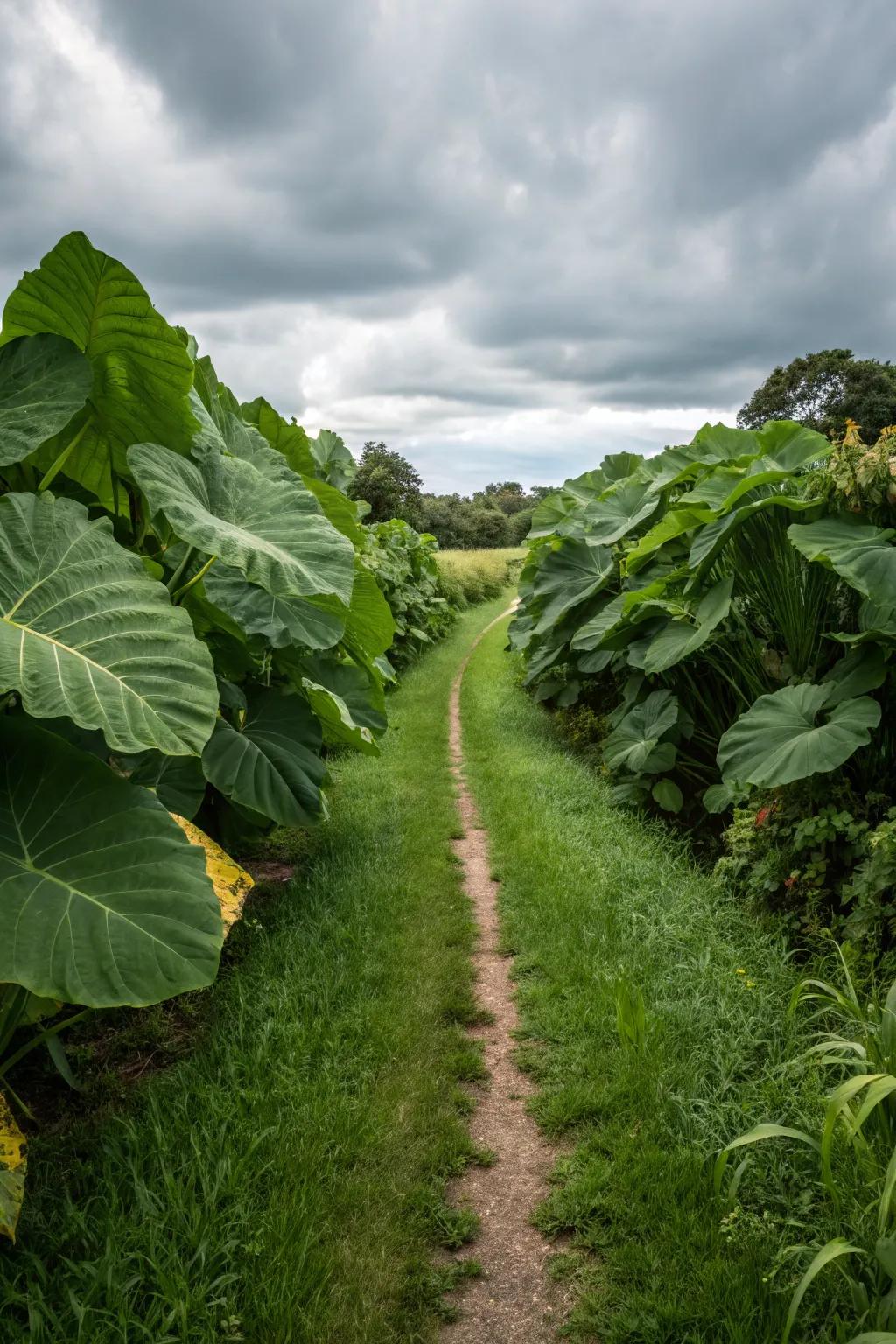 Lead the way with a whimsical path lined by playful elephant ears.