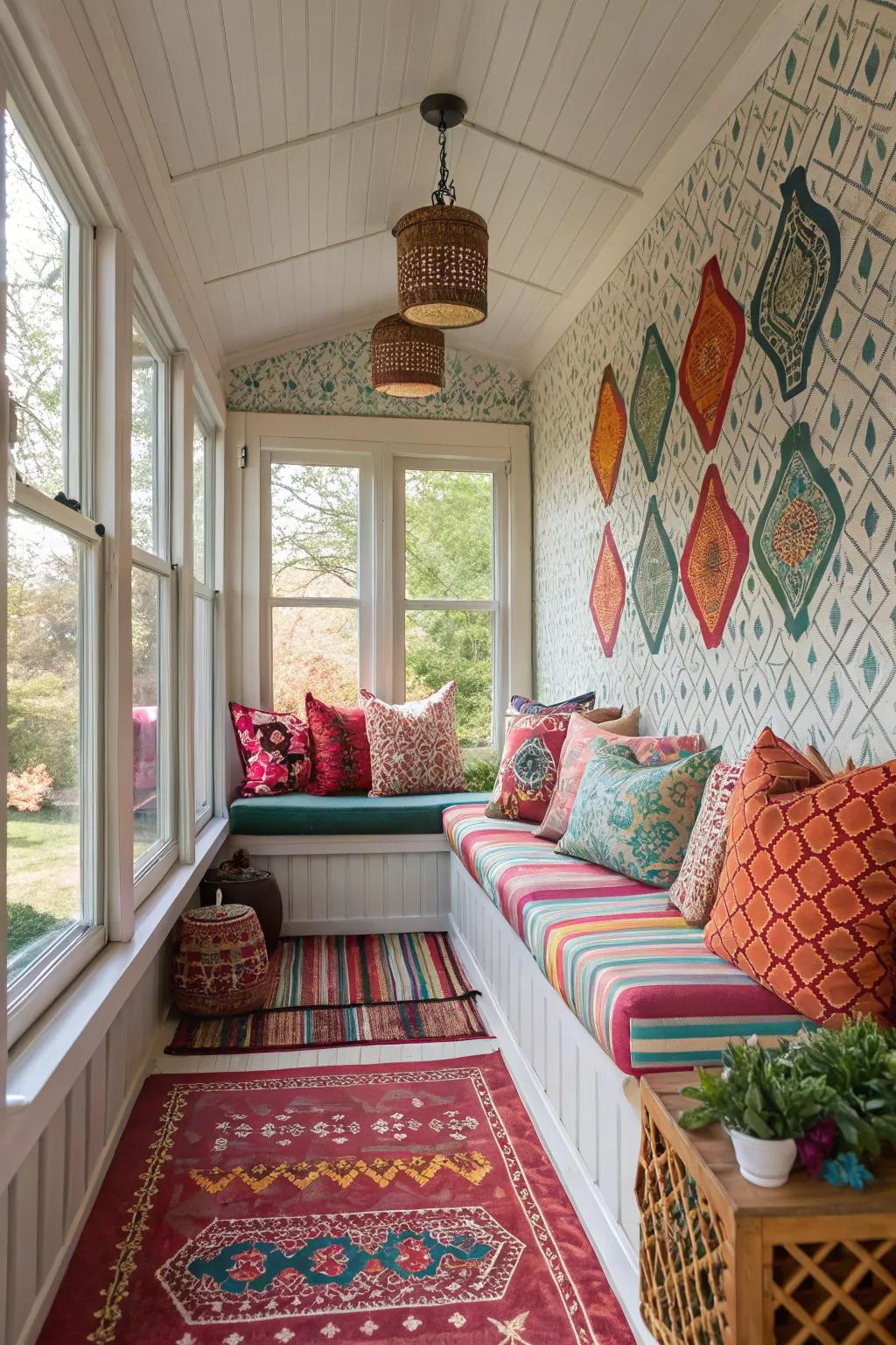 Bold patterned decor elements add character to a small enclosed porch.