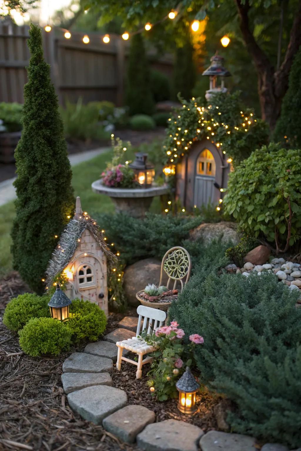 A whimsical fairy garden with small evergreens and miniature accessories.
