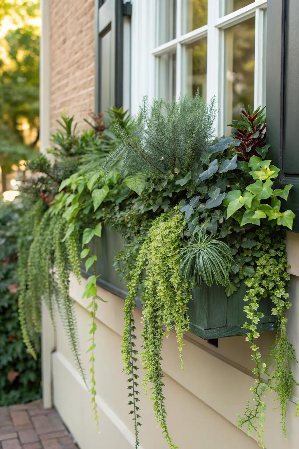 Window box evergreens: charming and easy curb appeal.