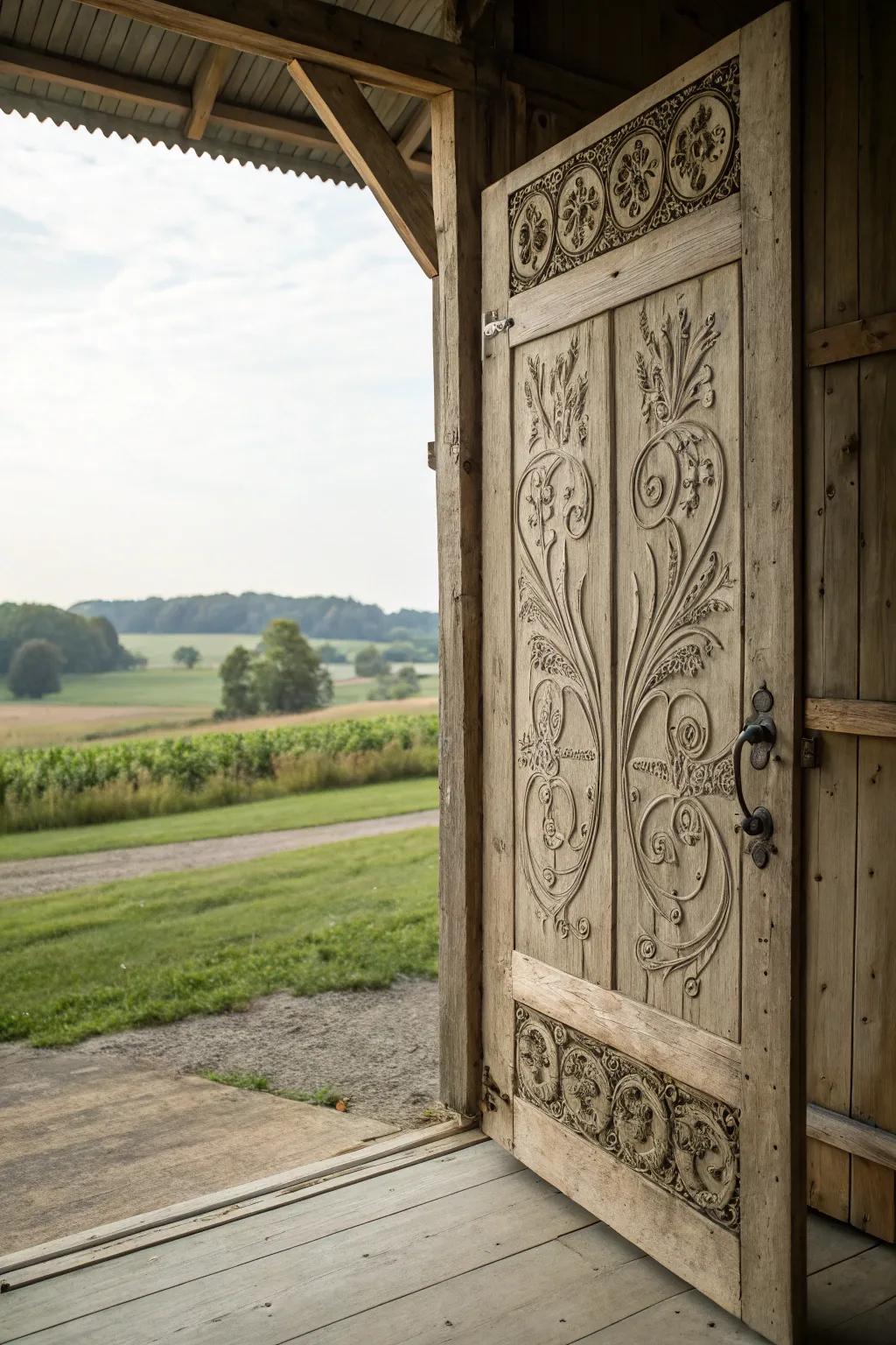 Elegant barn door with intricate carvings.