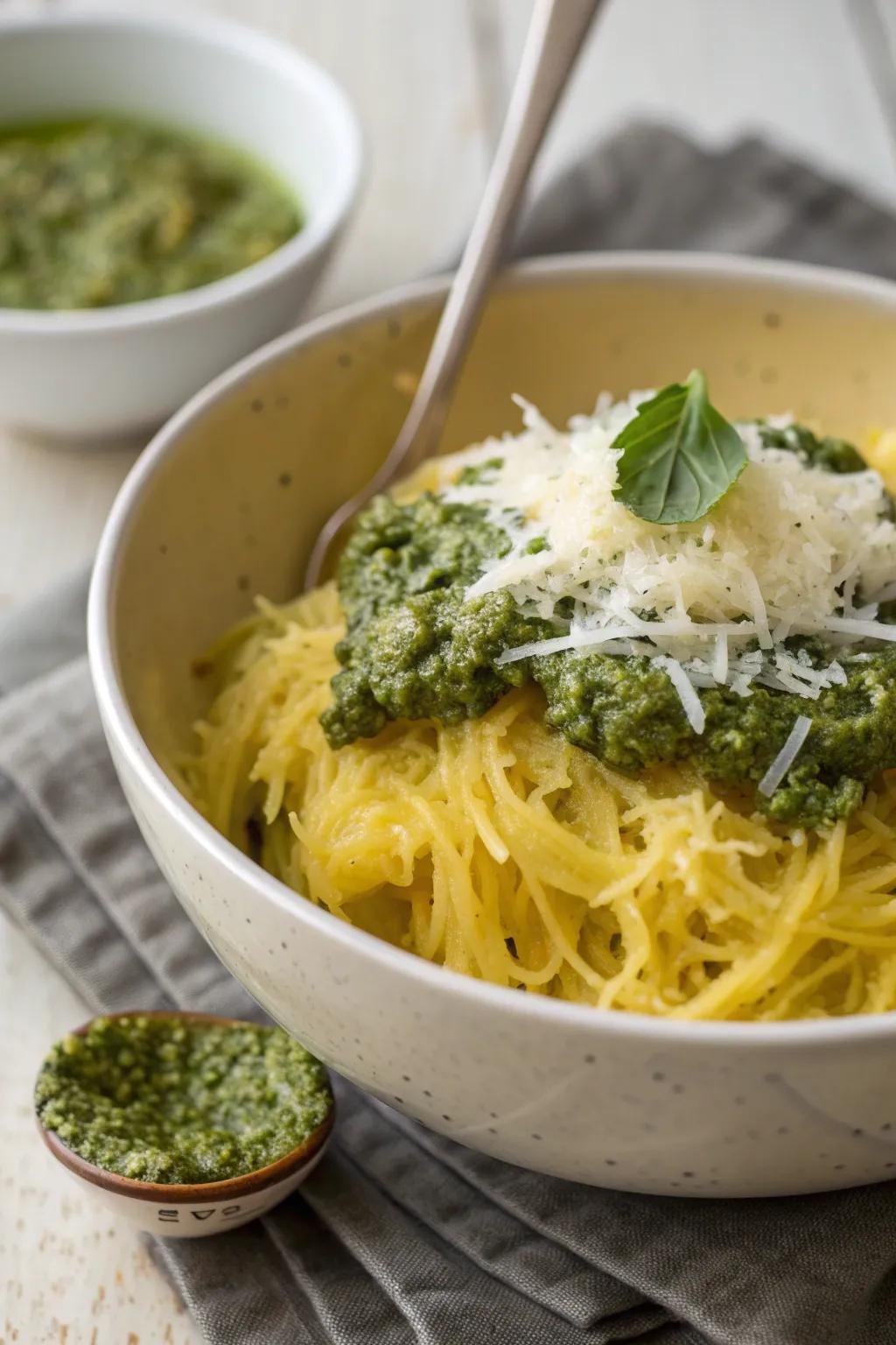 Spaghetti squash with pesto, a light and flavorful fall dish.