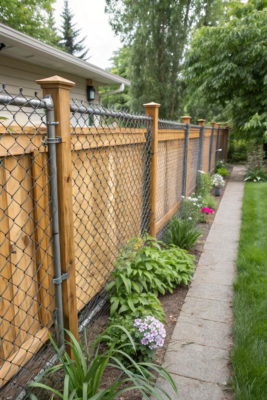 Wooden overlays soften the look of a chain link fence.