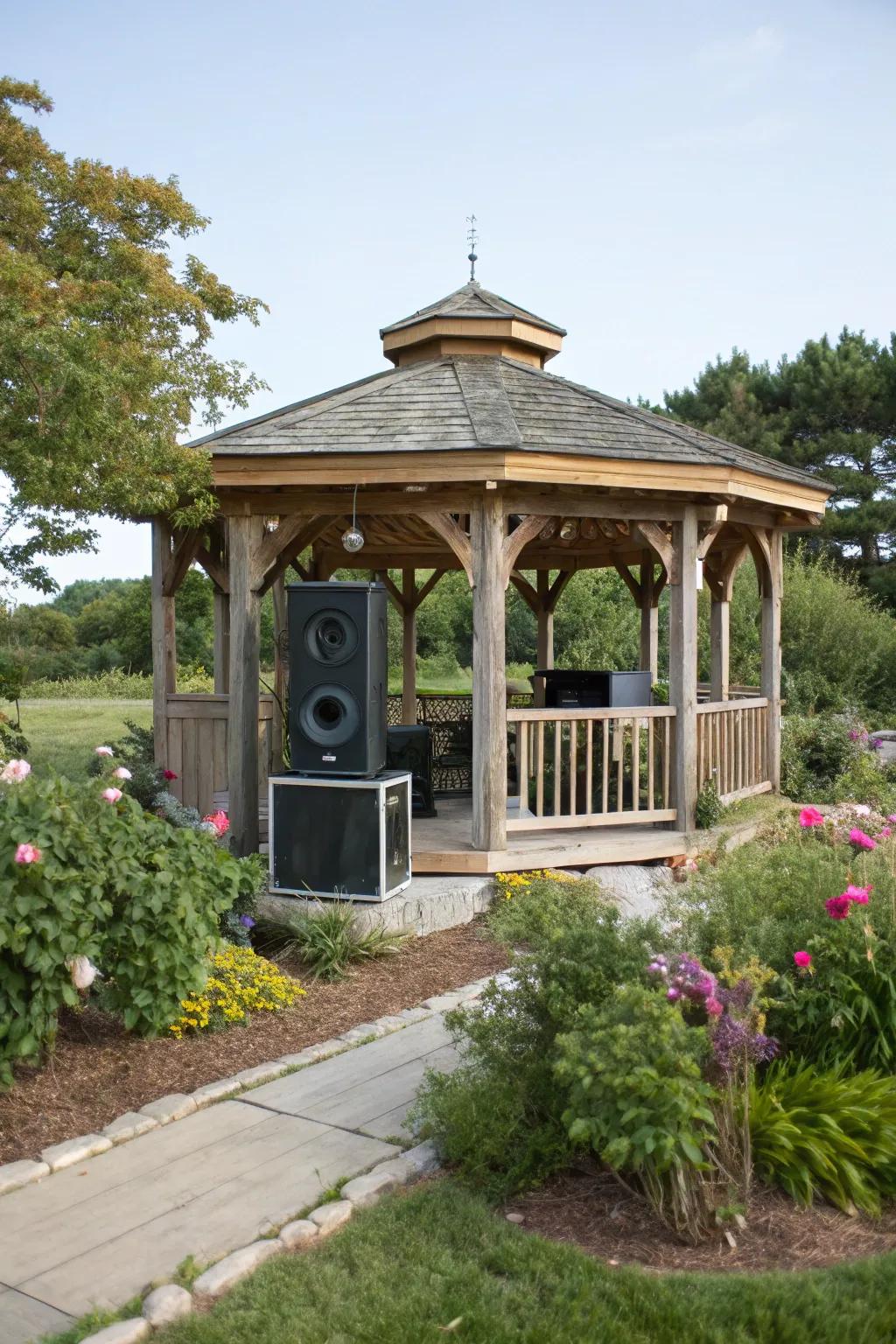 An integrated sound system brings music and modernity to this gazebo.