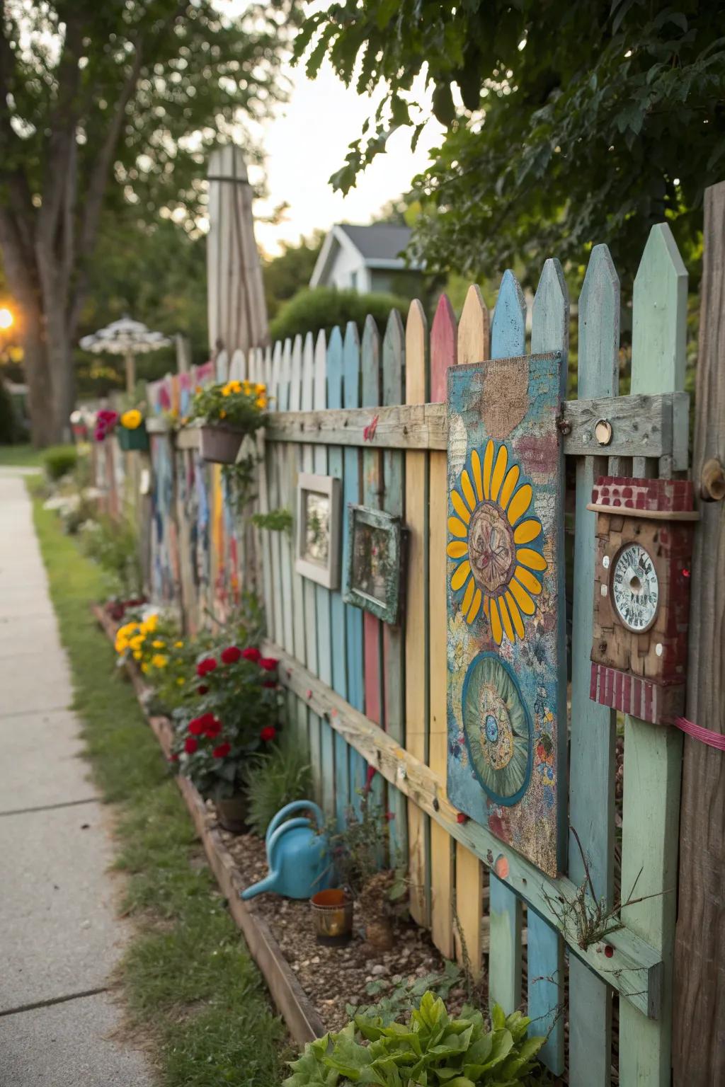 Mixed media ensembles bring an eclectic and dynamic look to this garden fence.