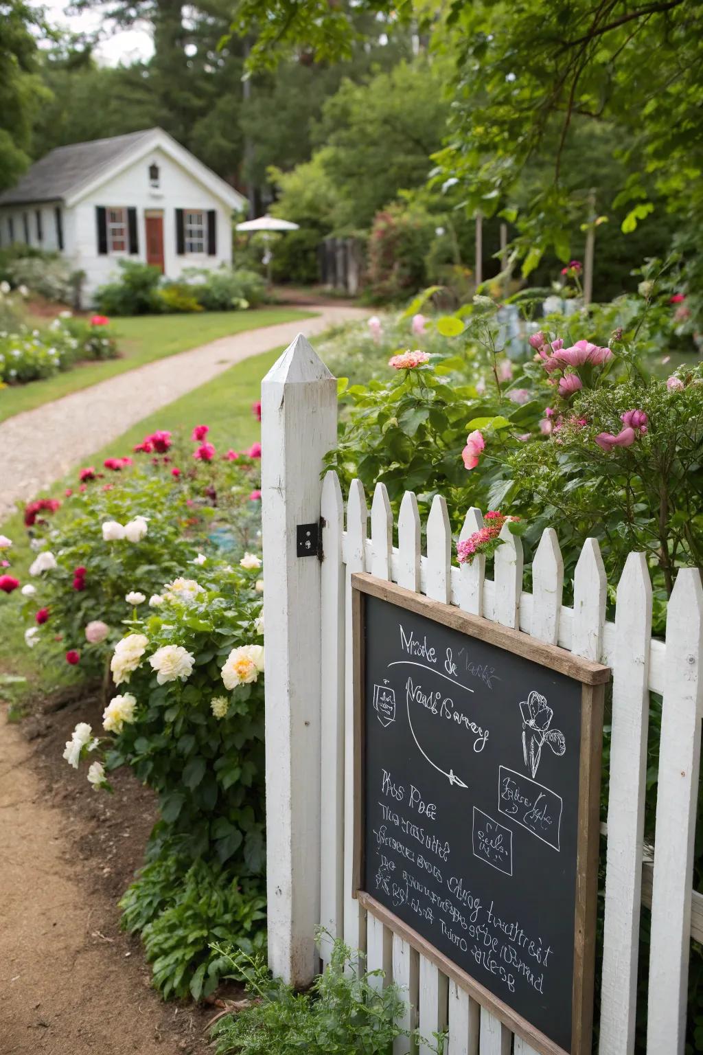 A chalkboard providing a fun and interactive element on a garden fence.
