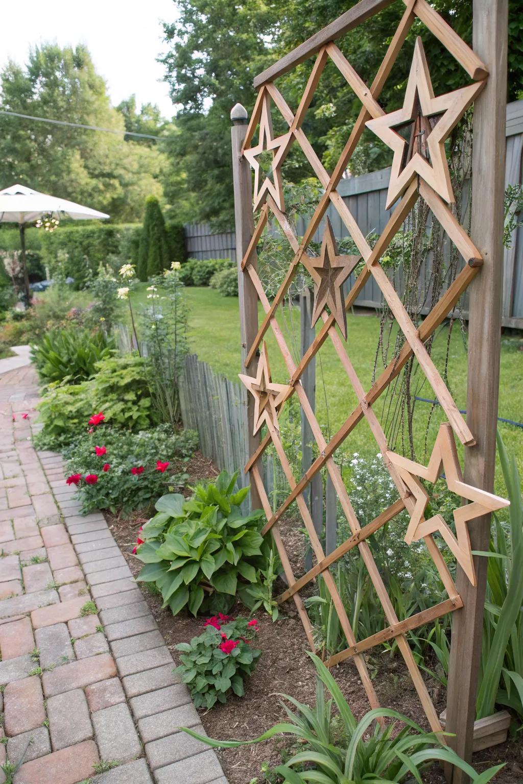 DIY trellis with unique shapes adds whimsy and privacy.