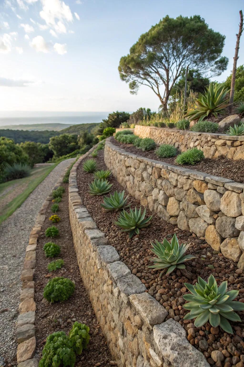Succulents thrive in stone wall crevices.