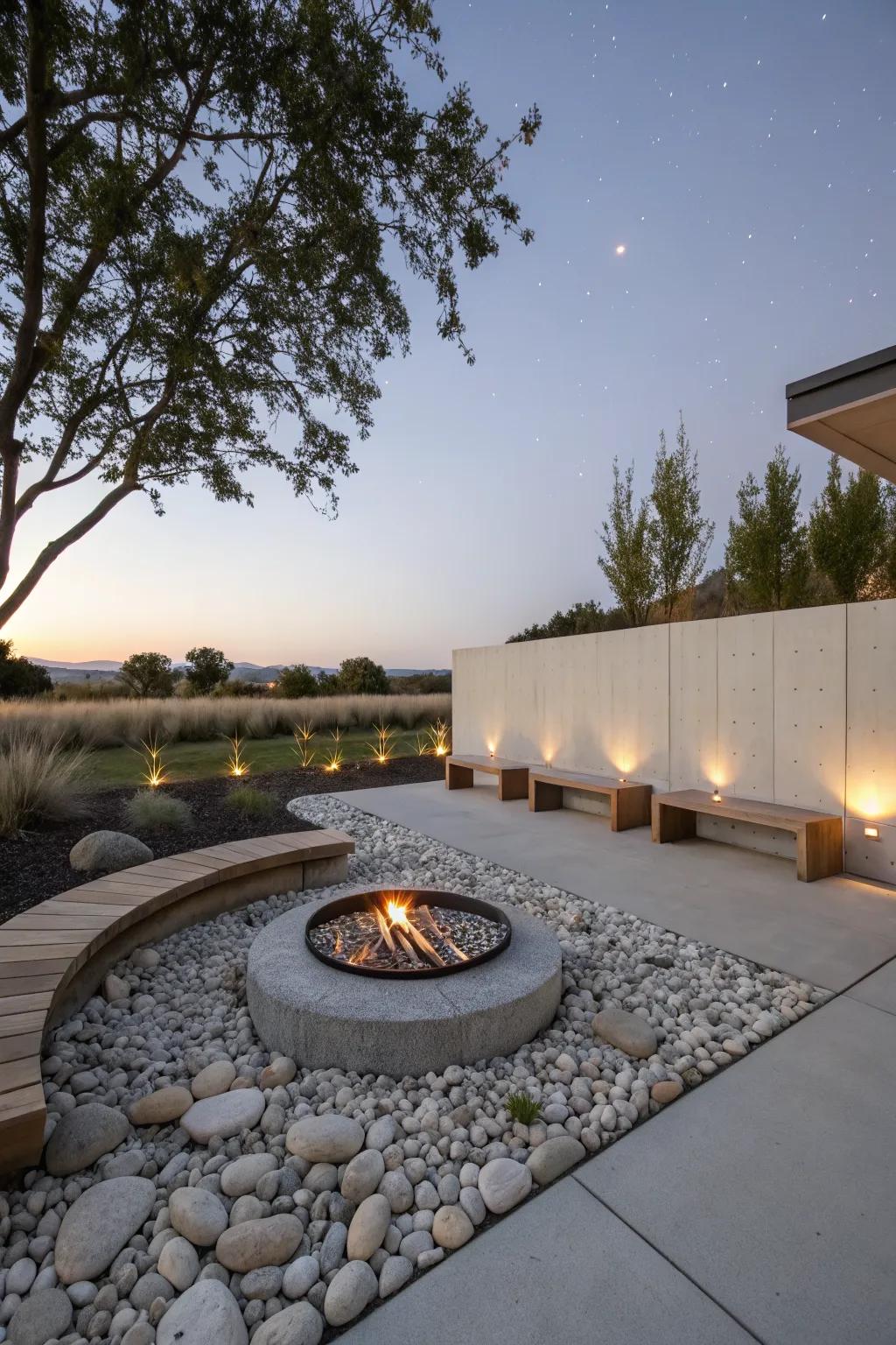 A Zen retreat with minimalist design and calming elements surrounding the fire pit.