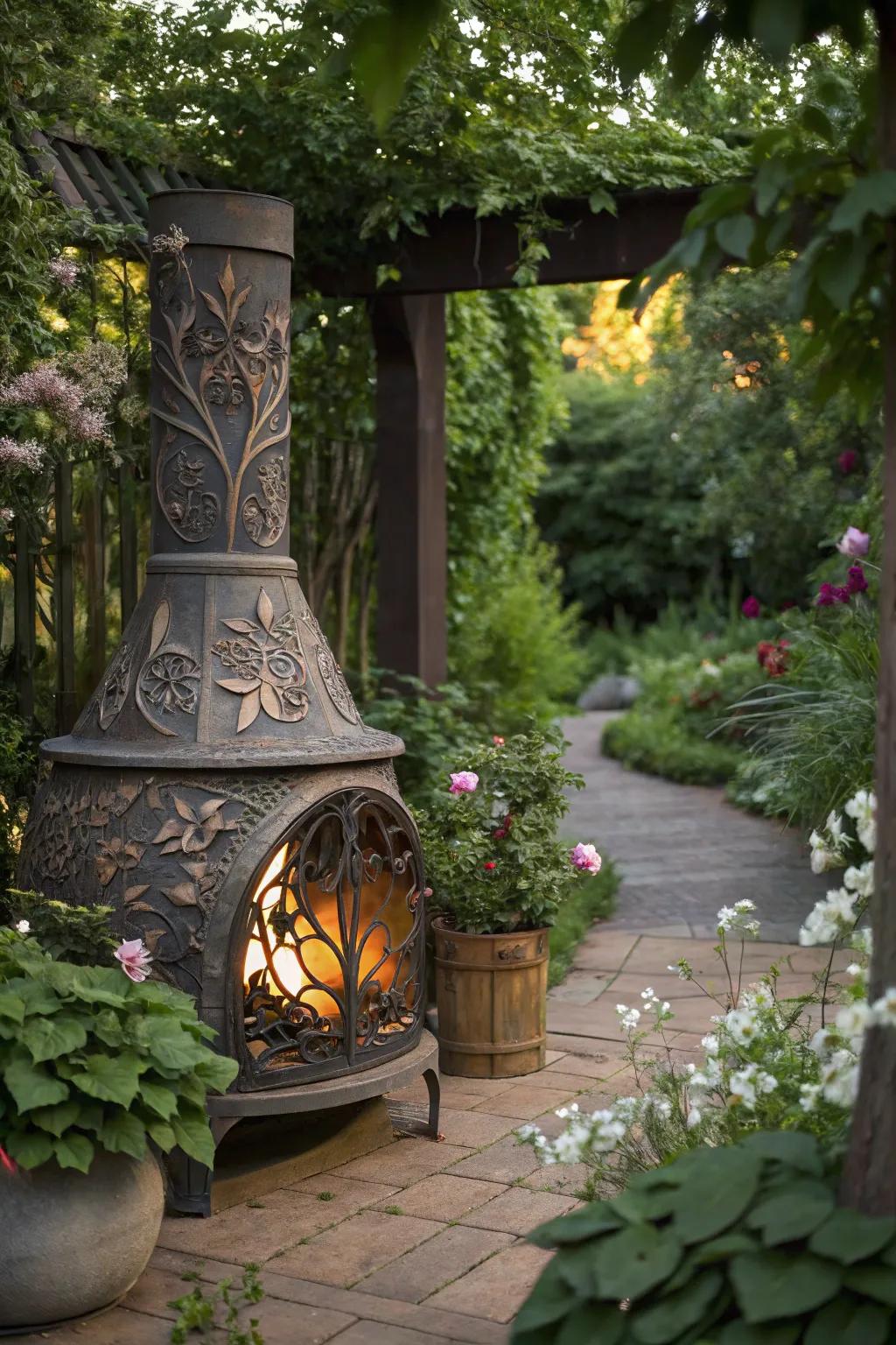 Artistic metalwork on a chimney fire pit adds a unique and captivating element.