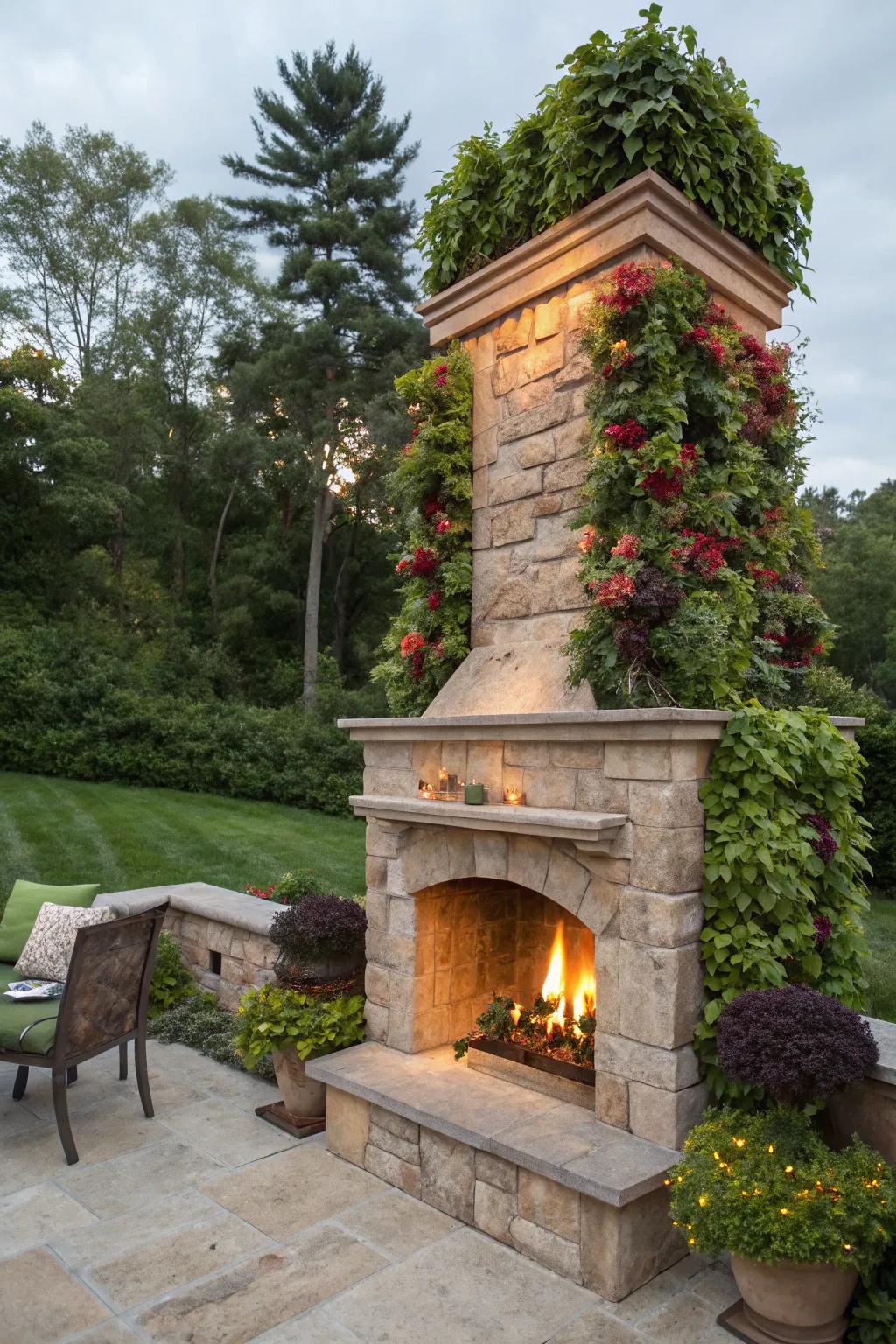 A fireplace enveloped by vertical gardens, adding a lush touch to the space.