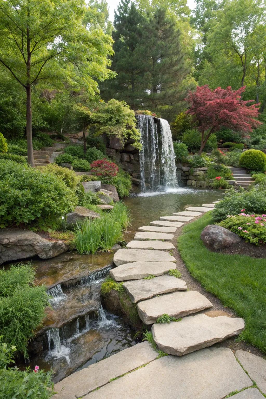 A charming pathway leading to a flagstone waterfall.