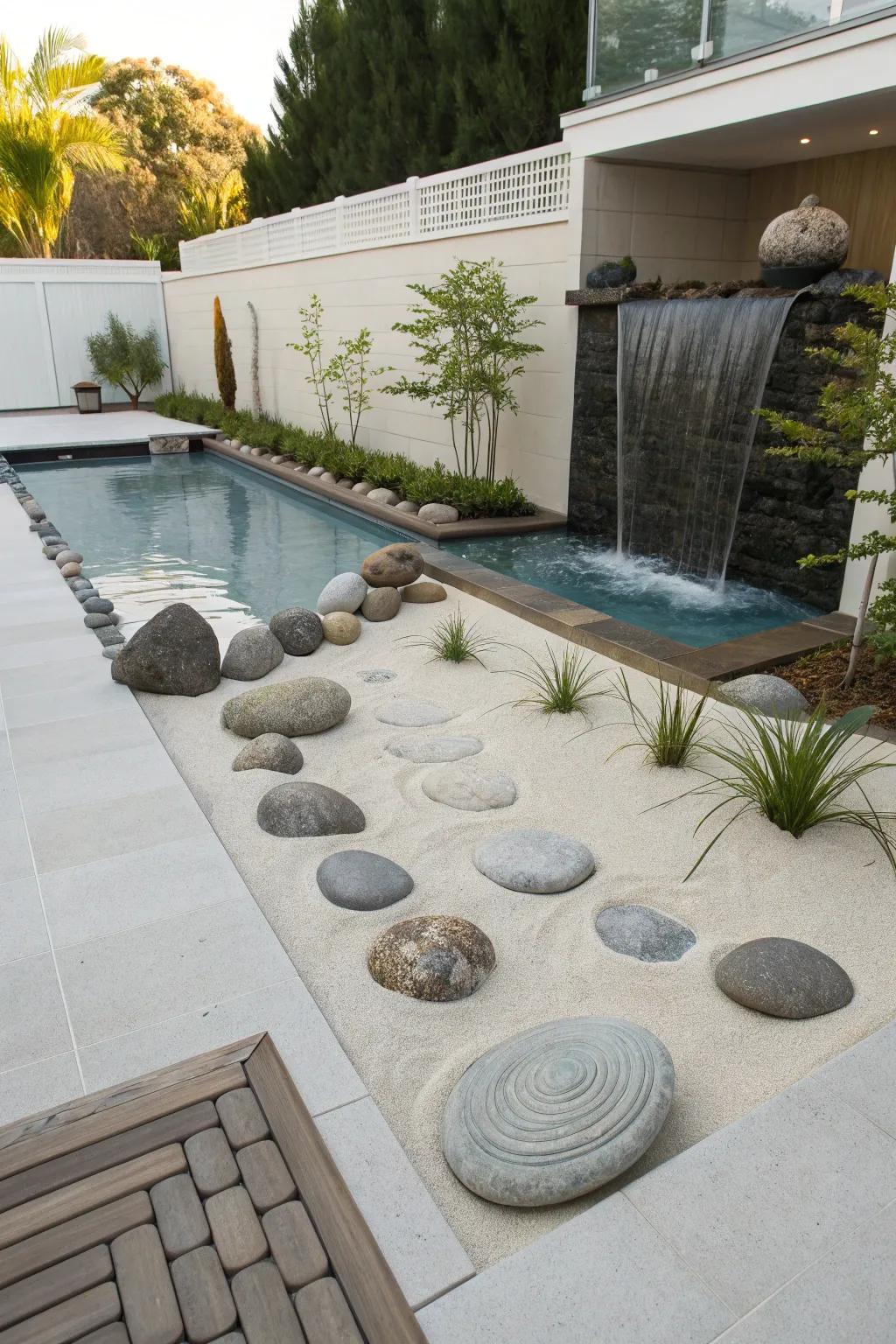 A Zen garden corner provides a tranquil escape in your pool area.