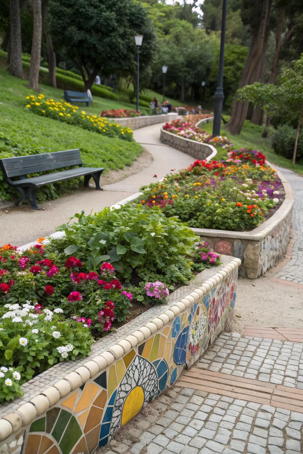 Vibrant artistry with mosaic tile edges.