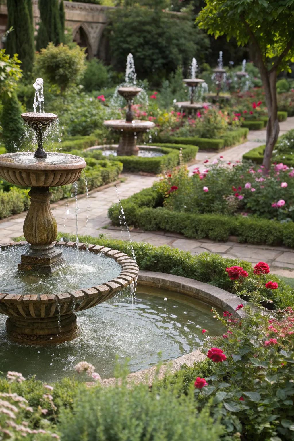 An artistic arrangement of multiple small fountains in a garden.