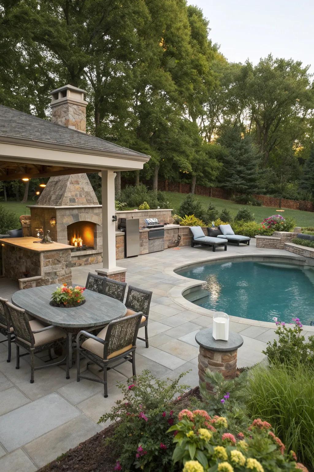 An integrated outdoor living space creates a seamless retreat around this pool.