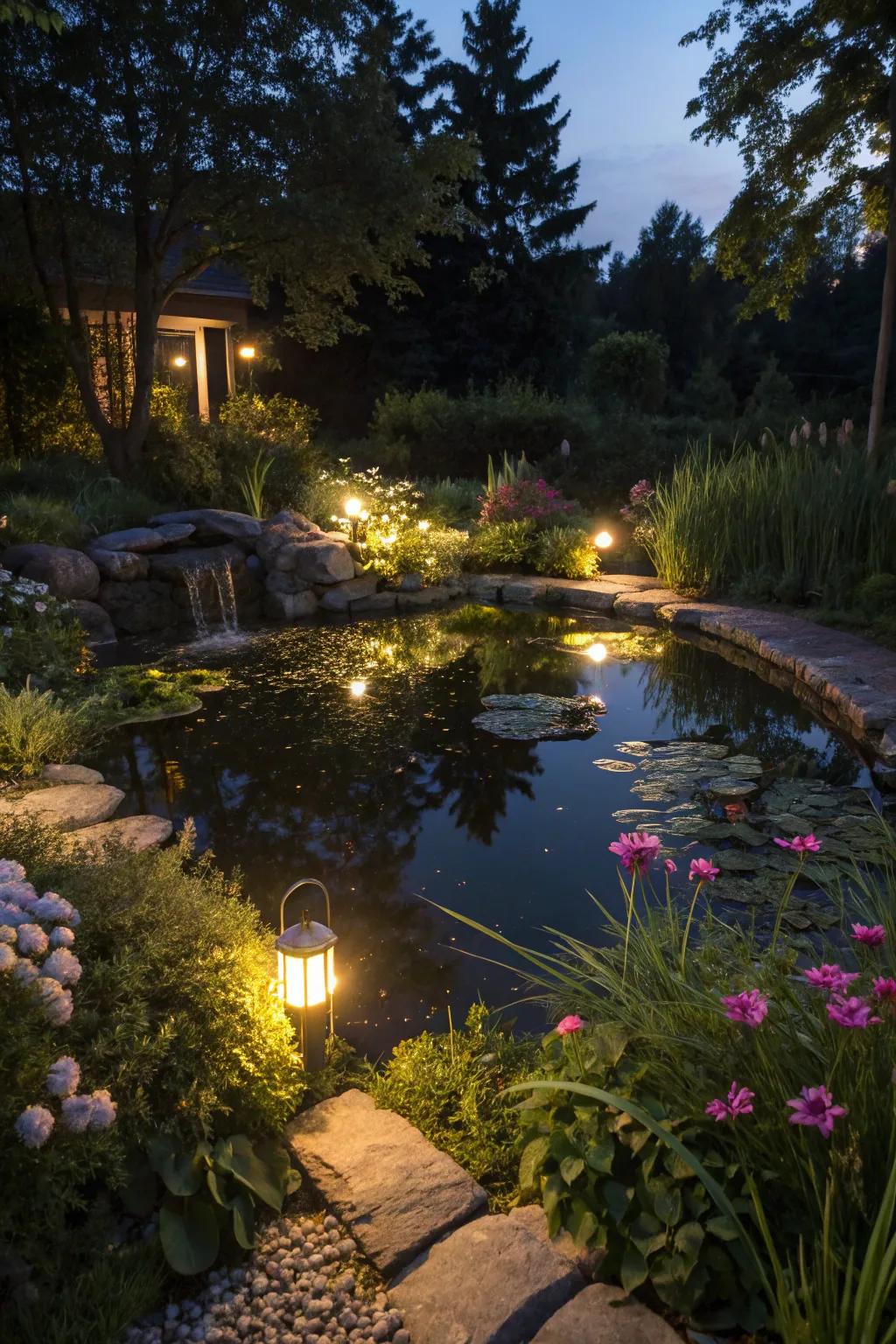 Solar lights transform your pond into a night-time wonder.